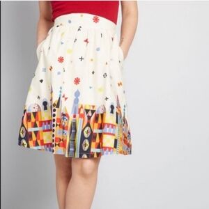 ModCloth Cream Skater Skirt with Multicolor Geometric Border